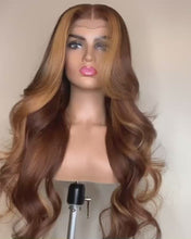 Load and play video in Gallery viewer, 13*4 Transparent Lace Front Human Hair Highlight Bodywave Wigs with Baby Hair Remy Hair Pre-Plucked Wigs 150% Density
