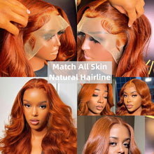 Load image into Gallery viewer, Light Chocolate Brown Orange Ginger Colored 13X4 HD Invisible Lace Front Wigs Human Hair Bodywave Brazilian Virgin Lace Front Human Hair Wigs 150% Density Pre Plucked With Natural Hairline
