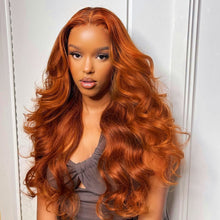 Load image into Gallery viewer, Light Chocolate Brown Orange Ginger Colored 13X4 HD Invisible Lace Front Wigs Human Hair Bodywave Brazilian Virgin Lace Front Human Hair Wigs 150% Density Pre Plucked With Natural Hairline
