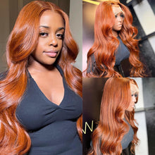 Load image into Gallery viewer, Light Chocolate Brown Orange Ginger Colored 13X4 HD Invisible Lace Front Wigs Human Hair Bodywave Brazilian Virgin Lace Front Human Hair Wigs 150% Density Pre Plucked With Natural Hairline
