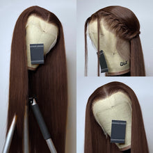 Load image into Gallery viewer, Chocolate Brown 13x4 HD Lace Front Wigs Human Hair Straight Brazilian Virgin Lace Front Human Hair Wigs Colored Pre Plucked With Baby Hair For Women 150% Density
