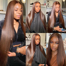 Load image into Gallery viewer, Chocolate Brown 13x4 HD Lace Front Wigs Human Hair Straight Brazilian Virgin Lace Front Human Hair Wigs Colored Pre Plucked With Baby Hair For Women 150% Density
