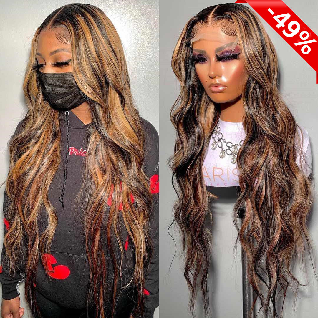 13*4 Highlight Bodywave Transparent Lace Front Human Hair Wigs with Baby Hair Remy Hair 150% Density Pre-Plucked Wigs