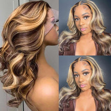 Load image into Gallery viewer, Highlight Colored 13x4 HD Lace Front Wigs Human Hair Body Wave Brazilian Virgin Lace Front Human Hair Wigs Colored Pre Plucked With Baby Hair For Women

