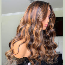 Load image into Gallery viewer, 13*4 Highlight Bodywave Transparent Lace Front Human Hair Wigs with Baby Hair Remy Hair Pre-Plucked Wigs 150% Density
