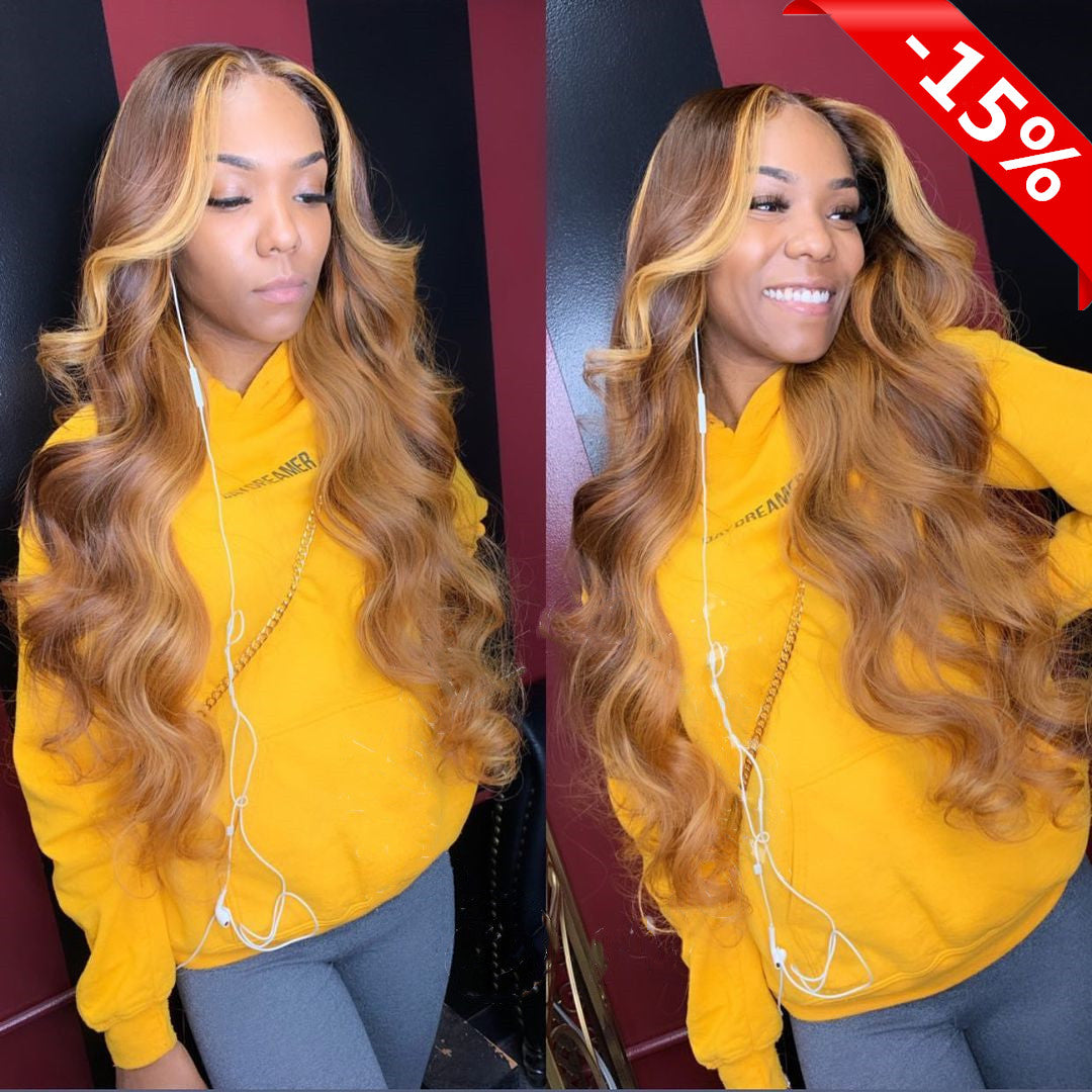 13*4 Transparent Lace Front Human Hair Highlight Bodywave Wigs with Baby Hair Remy Hair Pre-Plucked Wigs 150% Density