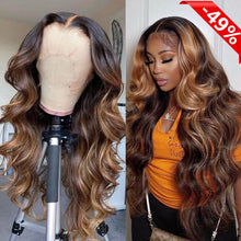 Load image into Gallery viewer, 13*4 Highlight Bodywave Transparent Lace Front Human Hair Wigs with Baby Hair Remy Hair Pre-Plucked Wigs 150% Density
